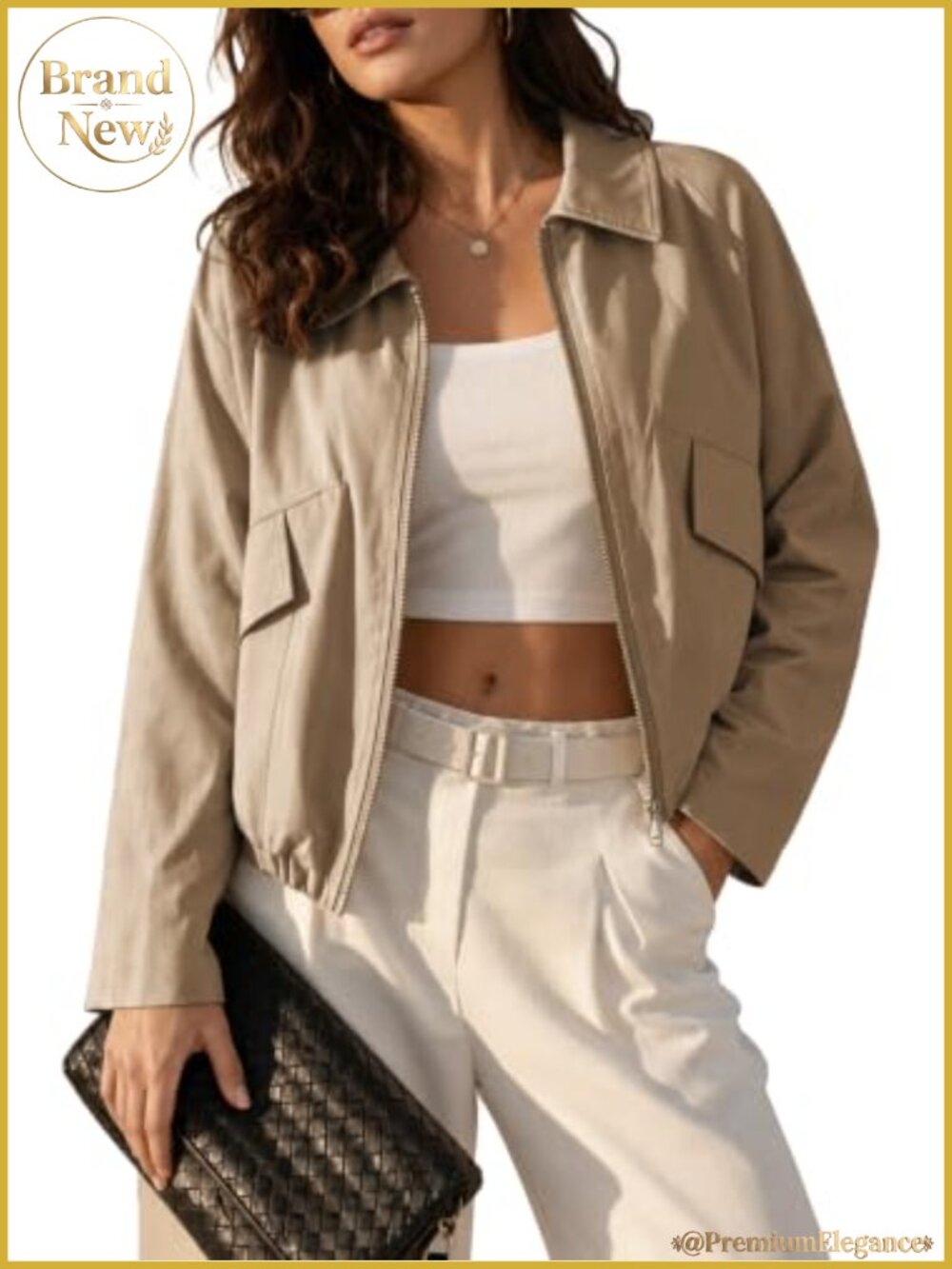Women's Cropped Bomber Jacket Lightweight Zip Up Utility Casual